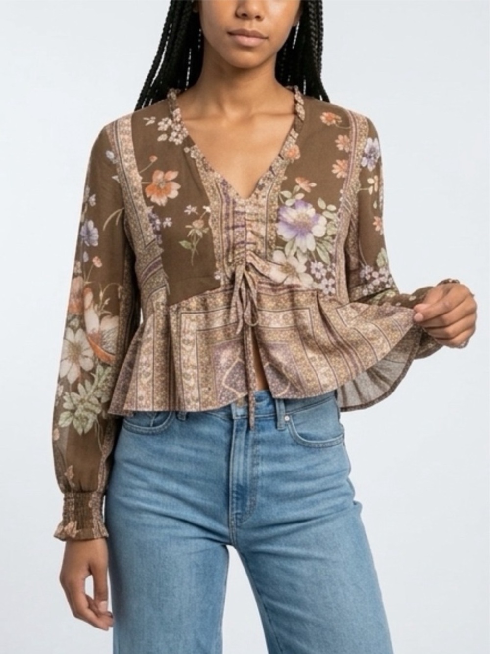 American Eagle - Boho Cottagecore Patchwork Floral Peplum Blouse - Size Small